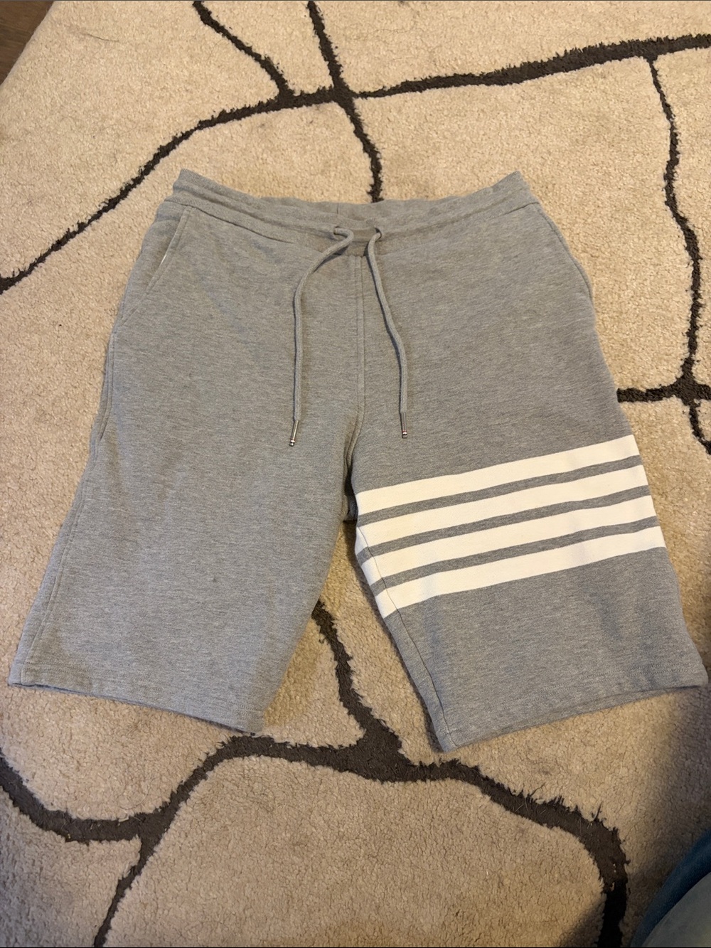 Thom Browne Light Gray Athletic Shorts with White Stripes